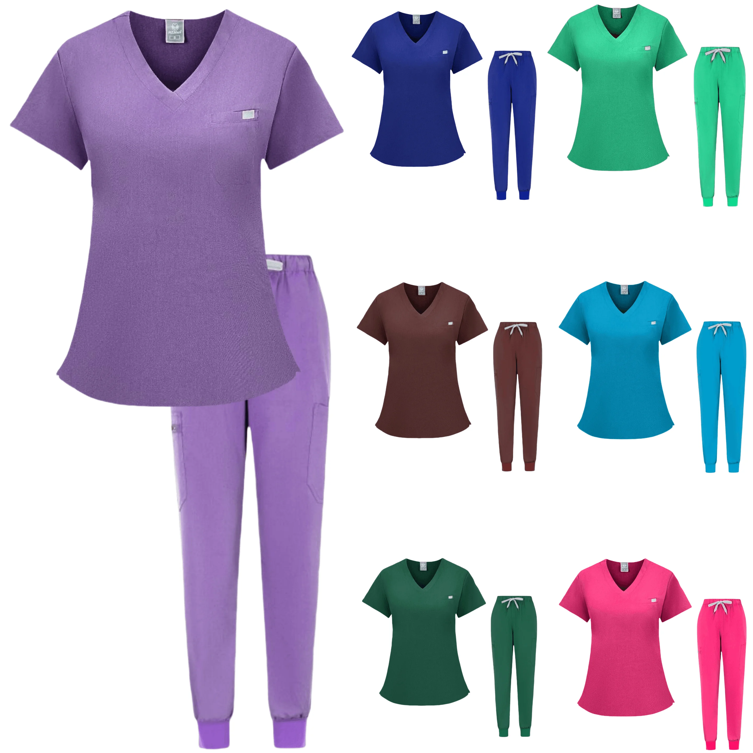 Mulheres Multicolor Enfermagem Scrubs Conjunto, Uniformes de Enfermeira, Manga Curta V-Neck Top, Calças Retas, Pet Doctor Medical Workwear, Novo