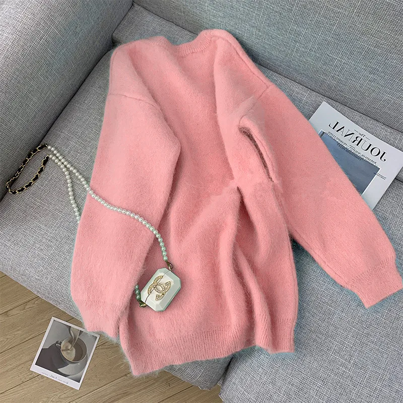 Elegant Women O Neck Soft Mohair Knitted Mint Green Sweaters Chic Autumn Winter Fashion Long Sleeve Warm Loose Female Pullovers