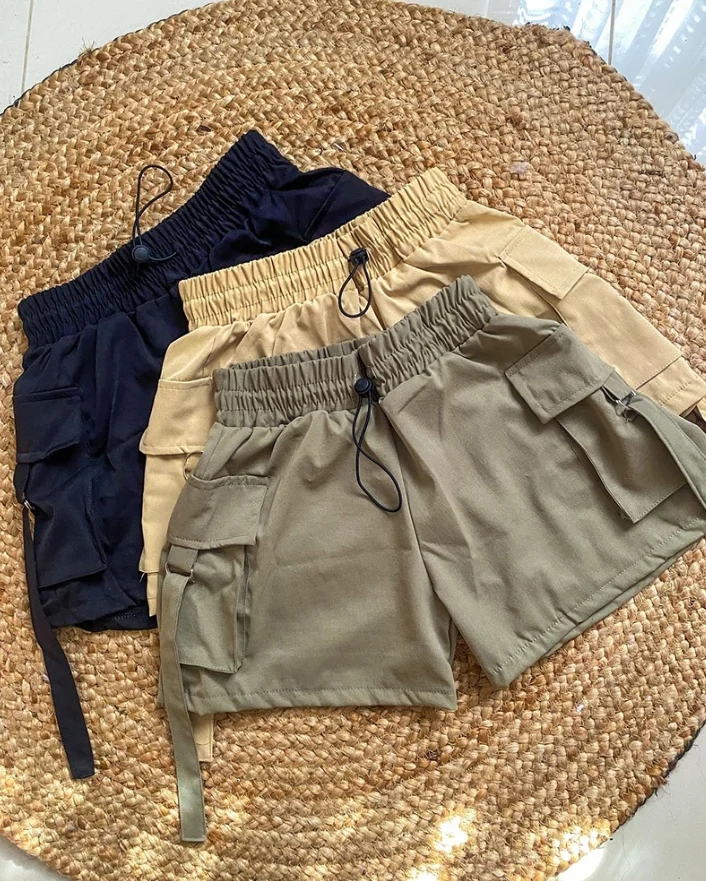 New Fashion 2025 Summer Pocket Design Drawstring Cargo Shorts Casual Strechy Waist Active Shorts Female Womens Clothing Outfits