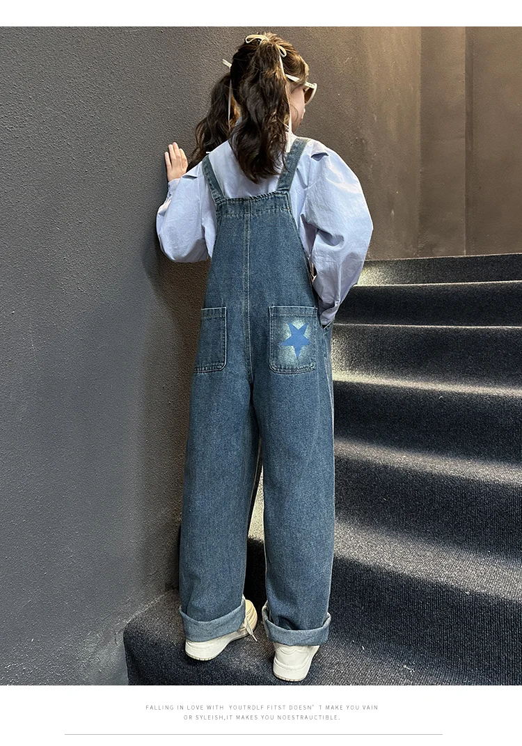 Modische Kinder-Jeans-Overalls für Babymädchen, Blaue Denim-Latzhose mit Trägern, Größe 5 6 7 8 9 10 11 12 13 14 – Detail 8