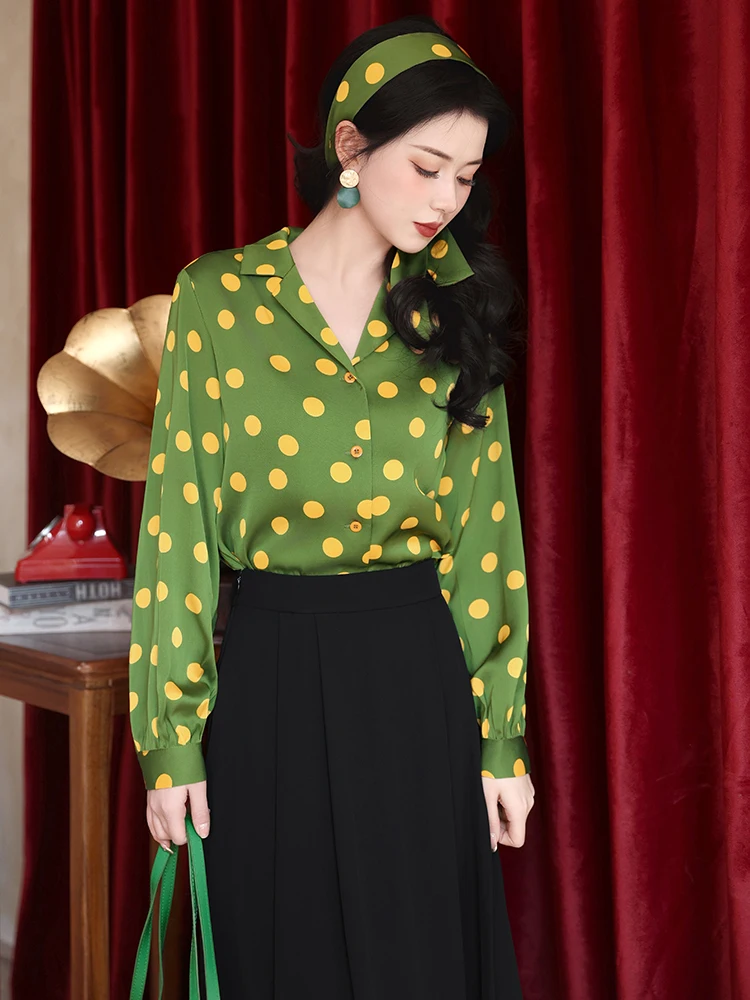 

Vintage V-Neck Polka Dot Long Sleeve Loose Casual Commute Women's Shirt Inner Wear Anti-Aging Party Queen Spring Autumn