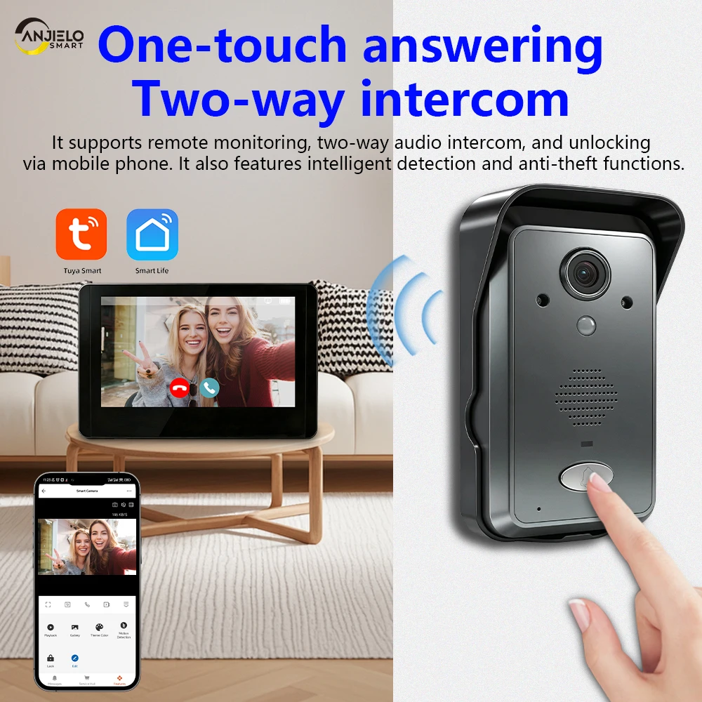 

ANJIELO Touchscreen 300M Long Distance Motion detection Cable-free Wifi Halow Wireless Doorbell Video Intercom System 1080P