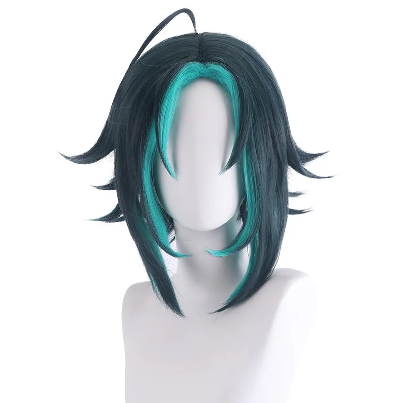Anime Genshin Impact Xiao Cos Wigs Cosplay Costumes Headwear 40cm Long Simulation Scalp Thick Mixed Puffy Long Hair Wigs