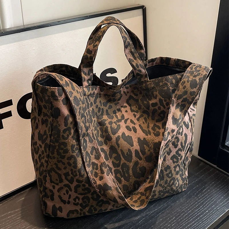 

Leopard Canvas Bag Women Summer New Korean Casual Versatile Large Capacity Commute Crossbody Bags Zipper One Shoulder Bag