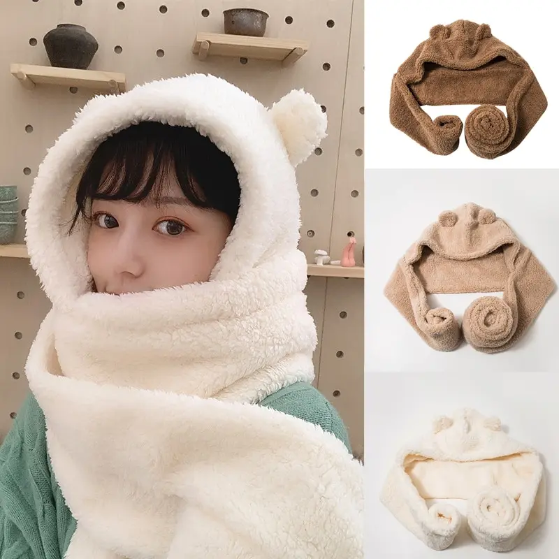 Fashion Winter Women Novelty Beanies Caps Warm Bear Ear Hat Casual Plush Hat Scarf Set Casual Solid Women Caps Present