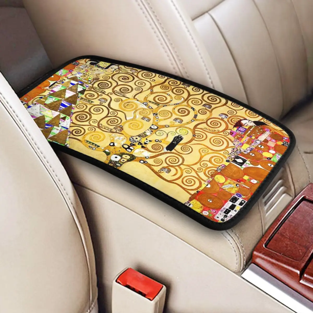 Four Seasons Car Armrest Cover Mat Tree Of Life Stoclet Frieze Gustav Klimt Center Console Protective Pad Car Interior Cushion