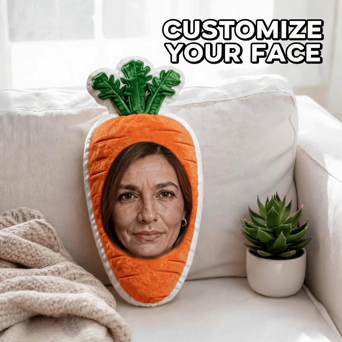 Custom Carrot Shaped Pillow with Personalized Photo Face, Funny Vegetable Decorative Cushion, Unique Home Decor Accent for Sofa