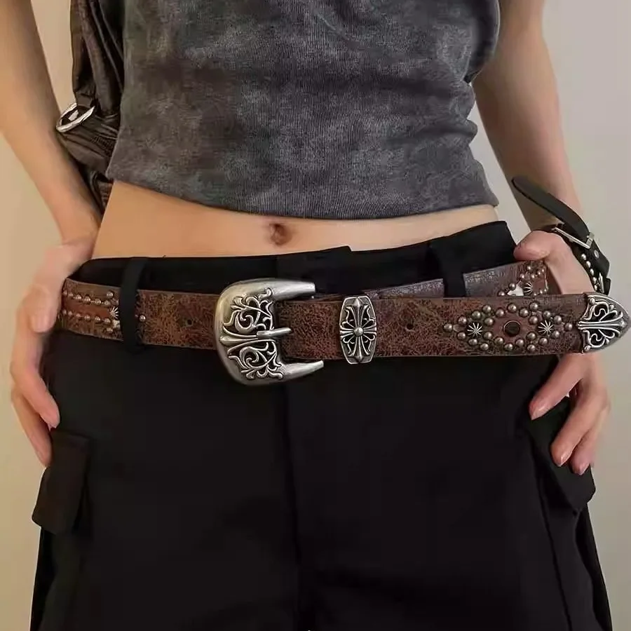 Retro Carved Brown Rivet Belt Women's Korean Version New Jeans Accessories Personalized High-end Slimming Belt Trend