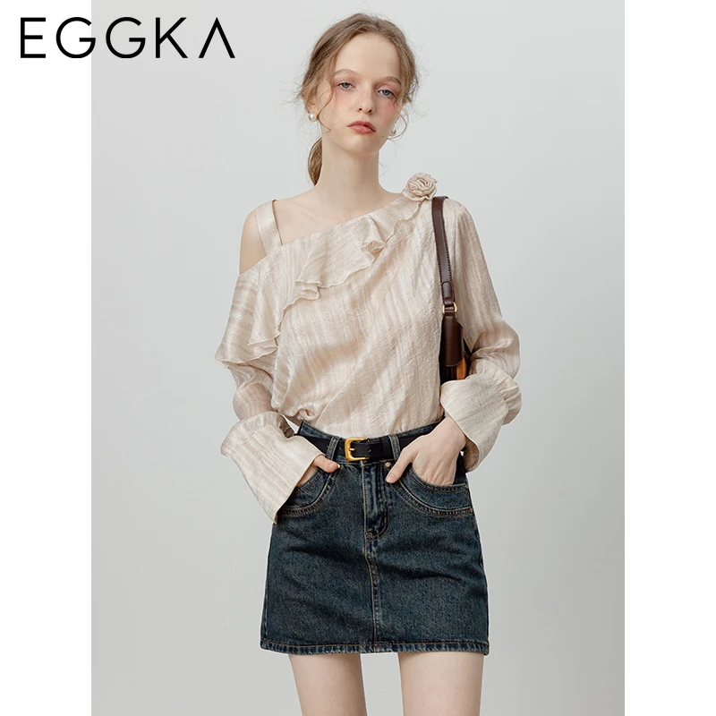 EGGKA Apricot Cubic Floral Shirt Strapless Ruffle Long Sleeve Shirts 2024 Autumn French Elegant Loose Blouse Casual Women Blouse