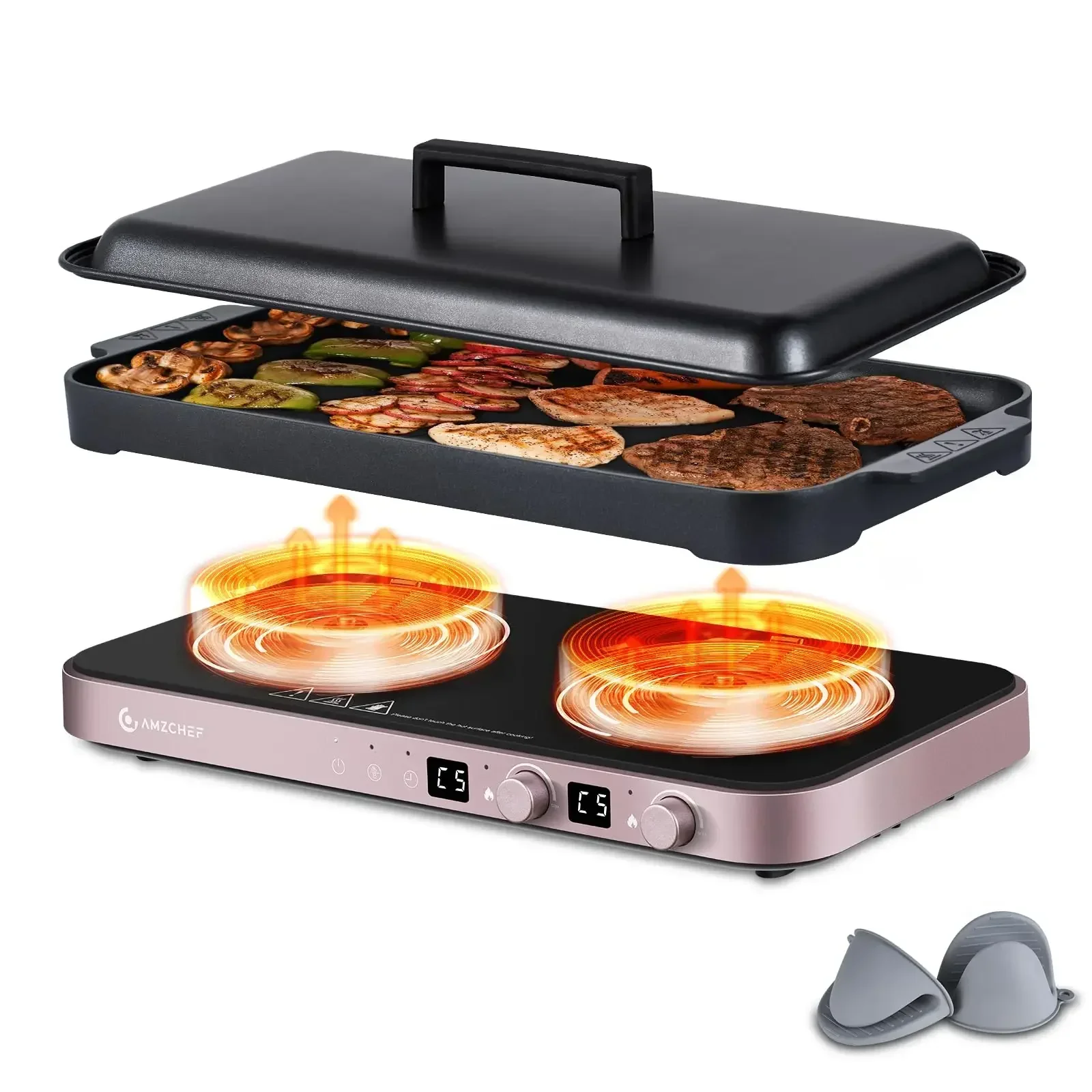 Double Induction Cooktop with Removable Iron Cast Griddle Pan Non-stick, 1800W 2 burner Portable Induction Stove With Se