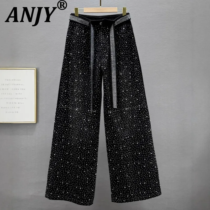 ANJY Autumn Winter New Women's American Fashion Studded Diamonds Elegant Jeans Niche Loose Heavy Craft Trendy Denim Pants A13914