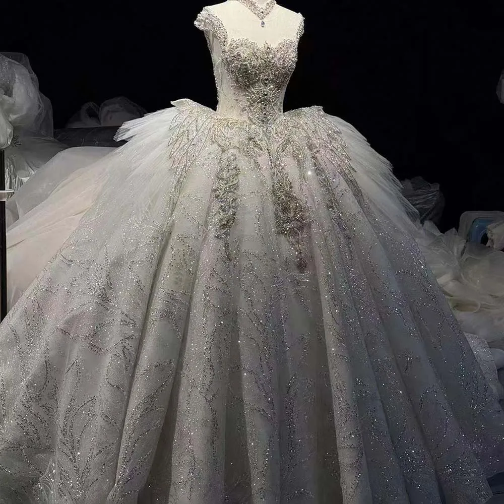 Bejeweled Wedding Dress White Glitter Tulle Ball Gown Customized Sequins Beading Ruffles O-Neck Chapel Train vestidos de boda
