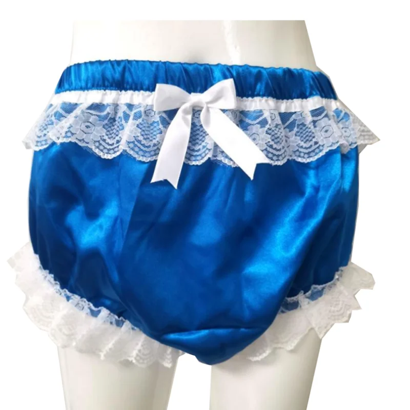 

French Sexy Adult Custom Fetish Cross Dressing Sissy Blue Smooth Satin White Lace Inlaid Lace Pleated Elastic Waist Shorts