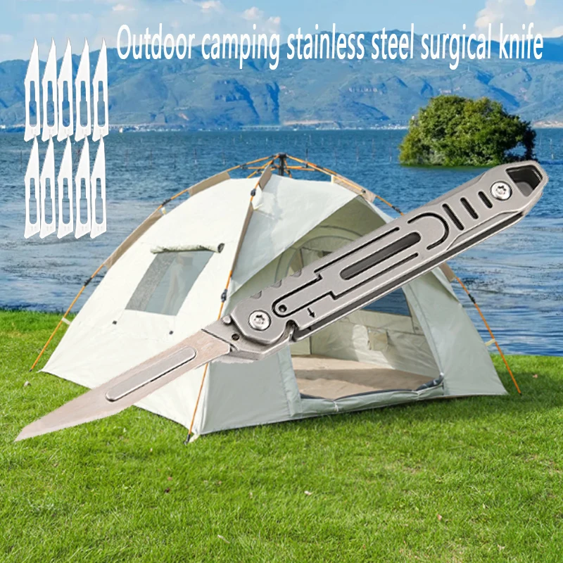 Outdoor Camping Portable Stainless Steel Folding Surgical Knife EDC Fishing Unboxing Tool Comes with 10pcs Blades As A Gift