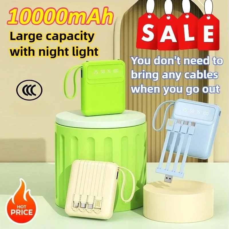 

10000mAh Power Bank with night light Built-in Cable Phone External Battery Powerbank for Xiaomi for iPhone for Samsung for iPad