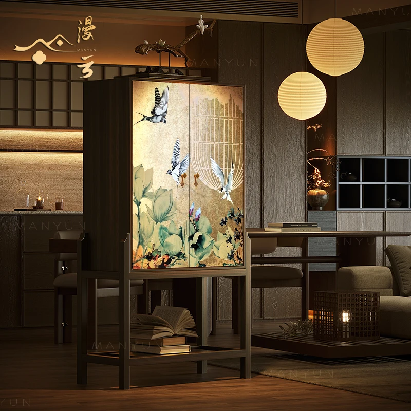 Song Dynasty Aesthetic Lotus Pond Flower and Bird Solid Wood Chest of Drawers Entrance High Storage Cabinet
