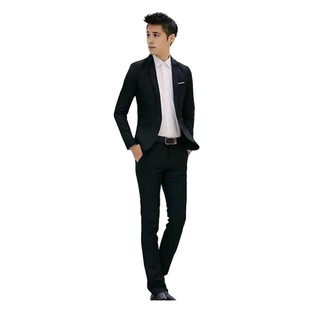 Men Suit Coat Pants Set Slim Fit Men's Suit Set Lapel Coat Mid-rise Pants Solid Color Workwear with Neat Shoulder Lines Regular