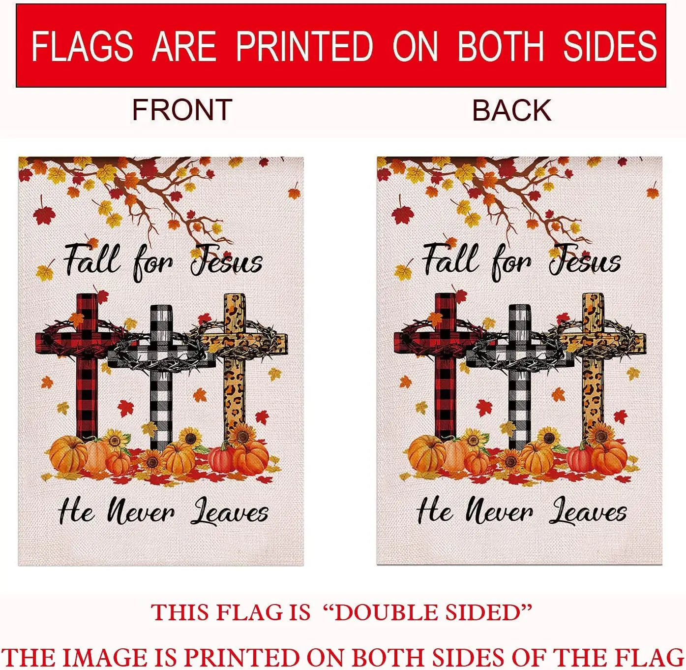 Fall For Jesus He Never leaves Garden Flag Vertical Double Sided, Pumpkin Maple Leaf Bible Buffalo Autumn Harvest Thanksgiving H