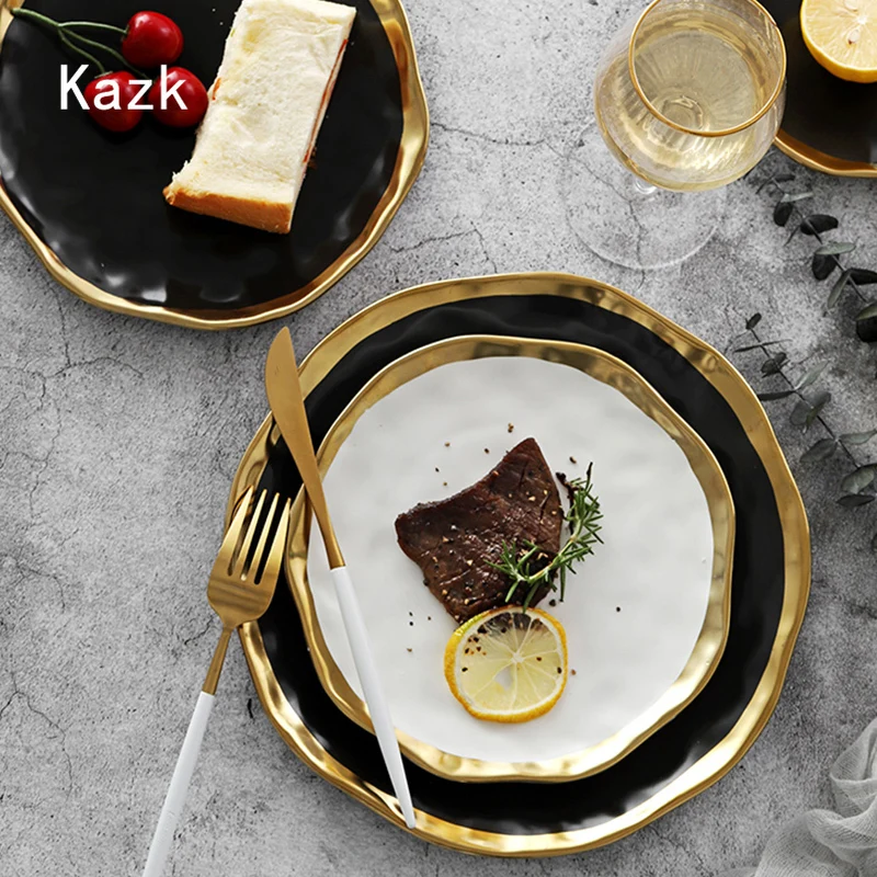 Light Luxury Golden Edge Ceramic Plate Personalized Dining Table Decor Steak Dinner Plates Sushi Dishes European Style Tableware