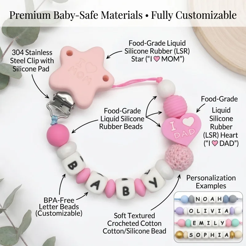 Personalized Baby Pacifier Clip Custom Name Dummy Chain Silicone Teether Holder BPA Free I Love Mom Newborn Shower Gift image 6