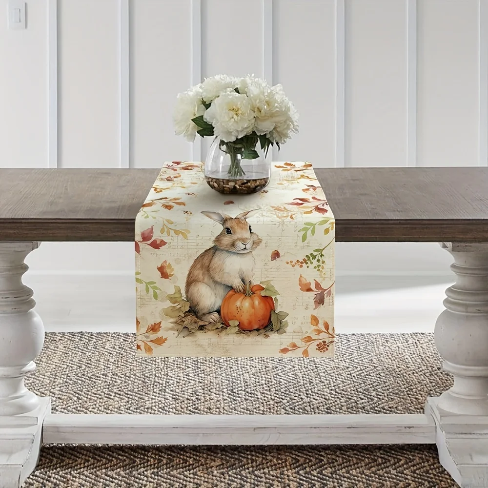 Autumn-Themed Table Runner – Fall Leaves, Pumpkins, Squirrels, Rabbits & Birds Watercolor Design –Decor for Thanksgiving