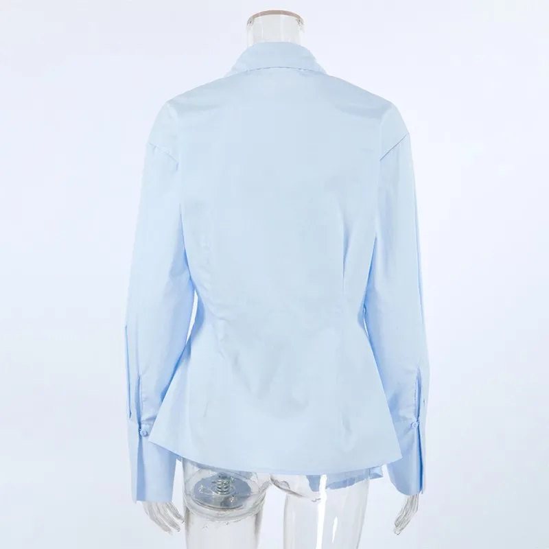 Dames katoenen shirt met lange mouwen, enkele rij knopen, slanke pasvorm, taille, cinching, stijlvol, gespleten zoom, detail, herfstmode, blusas de mujer