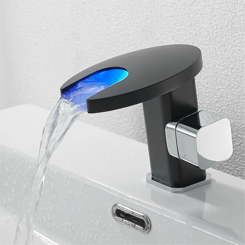

Waterfall LED Basin Faucet Bathroom Faucet Cold and Hot Water Mixer Tap Deck Mounted Wash Sink Washbasin Tap