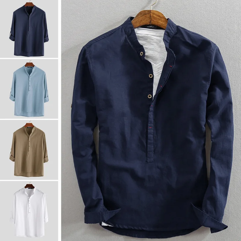 Camisa casual solta de cor sólida masculina, linho algodão, respirável, manga longa, blusa sem gola, roupa fina, verão