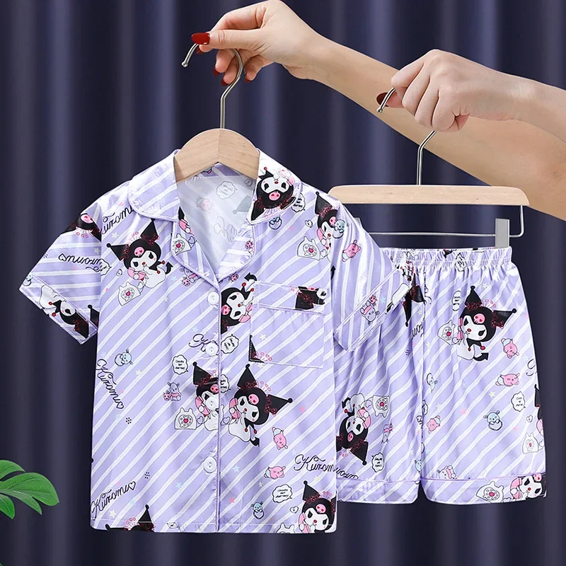 Kids Cartoon Summer Ice Silk Home Clothes Set Anime Pochacco Boy Pajamas My Melody Hellokitty Short Sleeves Loungewear Girl Gift