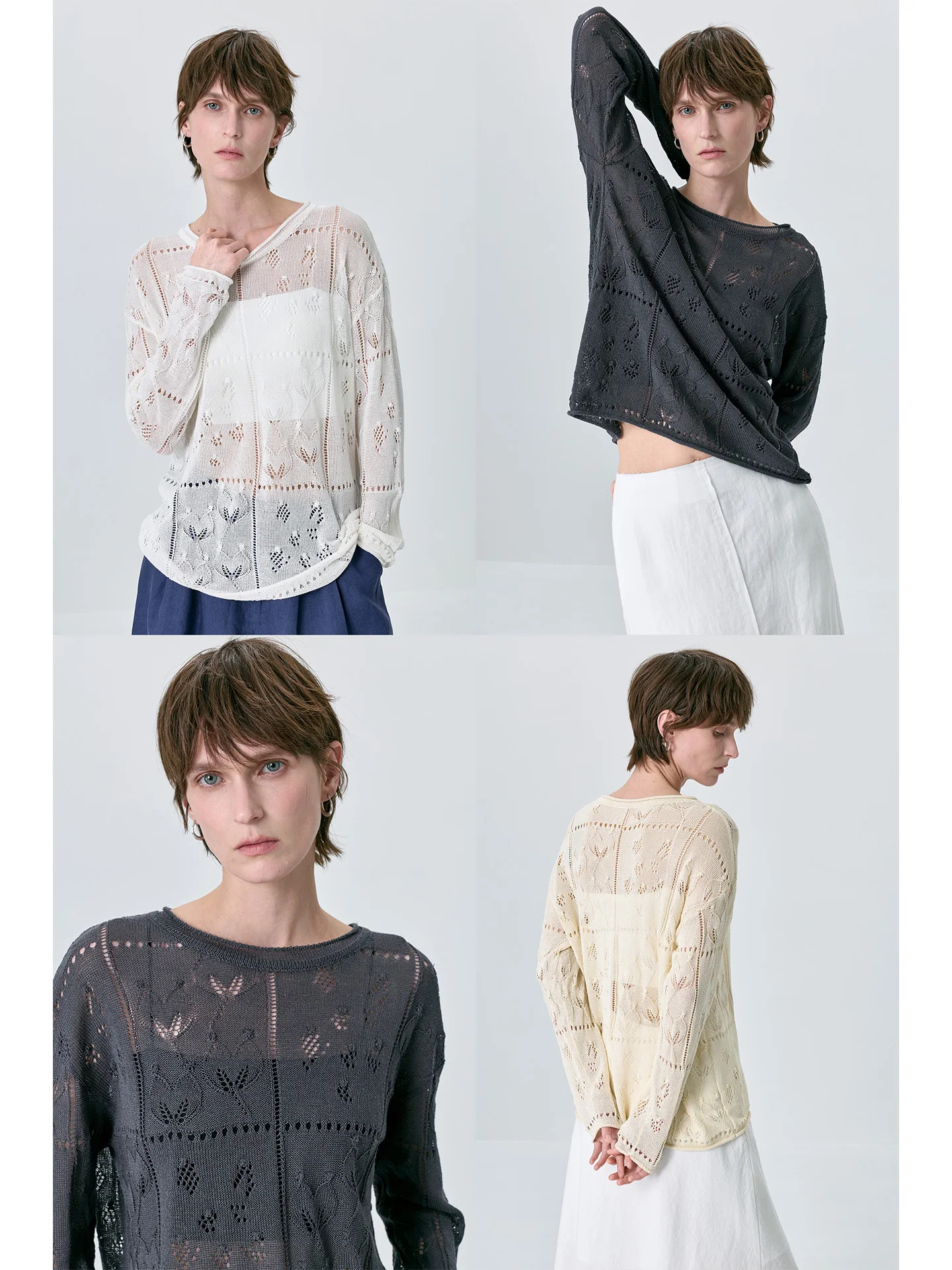 

Lace Hollow out Knitted Sweater Silk Paper Yarn Hooked Flower Sun Protection Loose Fit French Style Soft Silk Blend Wo...