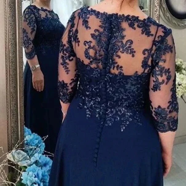 Vestido azul marino a la moda para madre de la novia, vestidos de línea a con mangas 3/4, apliques de gasa con cuentas, vestidos de Madre de novio para bodas