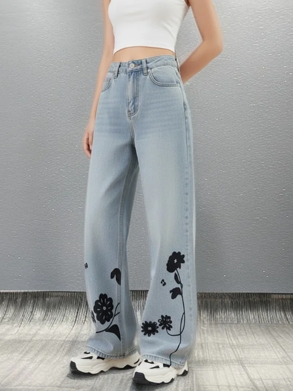 

Ele Embroidered High Waist Loose Fit Wide Leg Jeans for Women Spring Faion Casual Sle Multi ket Plant Floral Pattern