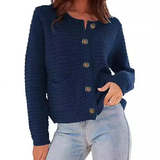 Hot Selling Round Neck Knitted Commuting Retro Casual Cardigan Long Sleeved Women's Clothing