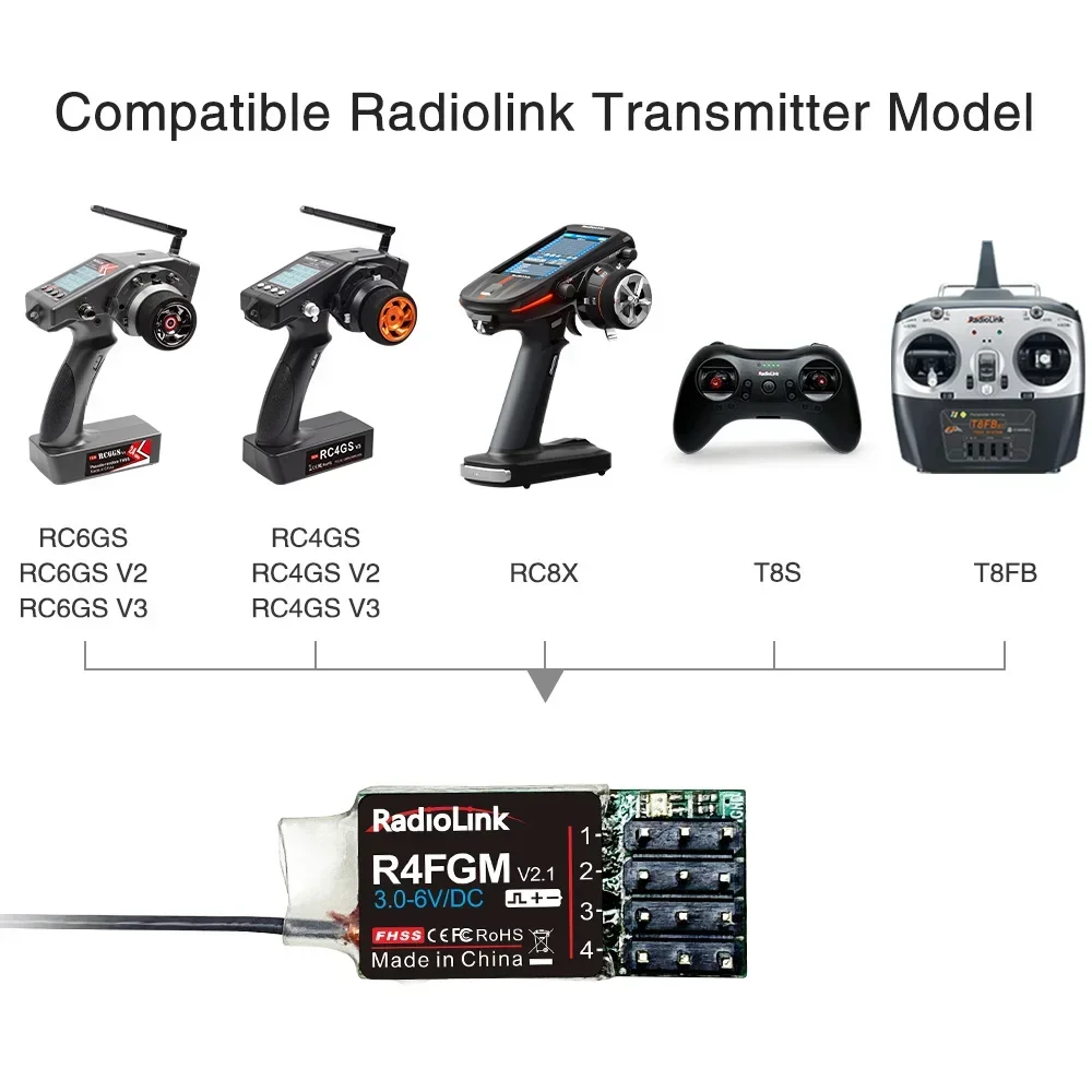 Radiolink R4FGM 4-kanałowy Mini odbiornik z żyroskopem dla 1:28 1:64 RC kieszonkowy samochód do driftu Hotwheel działa dla RC4GS RC6GS T8S T8FB RC8X