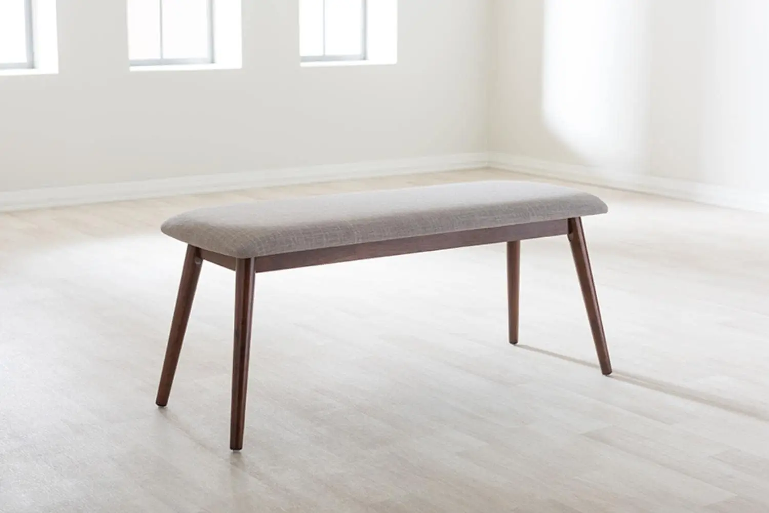 Acabamento Wood Dining Bench para meados do século, Modern Light Grey Fabric, OakMedium Brown