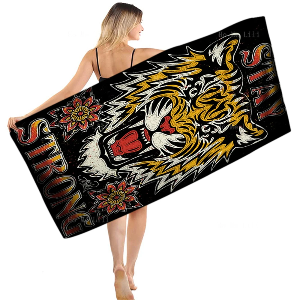 Angry Tiger Head Face Mascot Snake Dagger Throat King Of Forest Tattoo Retro Style Quick-Drying Towel