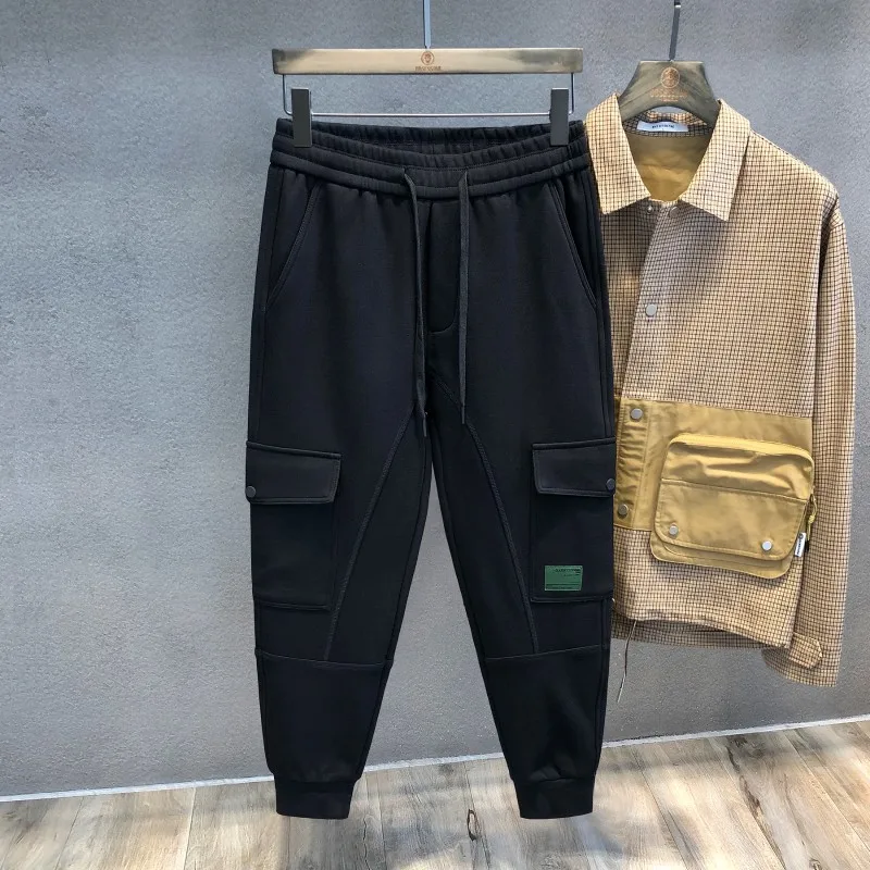 

Thiened Fce Men's Casual Sports Pants Loose Tapered All-Match Elastic Waist Cotton Blend Winter Faion Trendy Brand