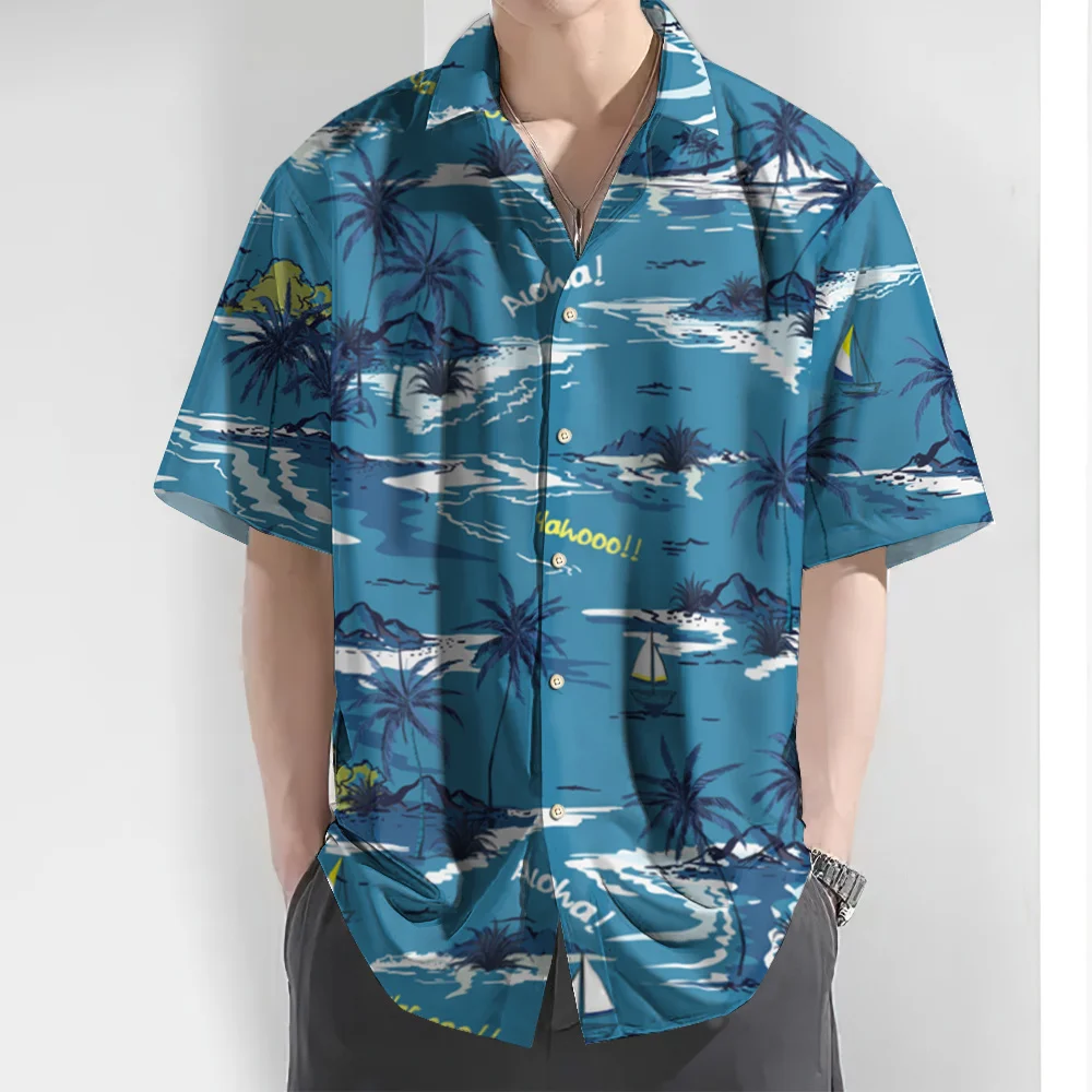 New Hawaiian Shirt For Men3d Coconut Tree Print Short Sleeved Tops Daily Casual Male Clothing Loose Oversized Shirts 2024