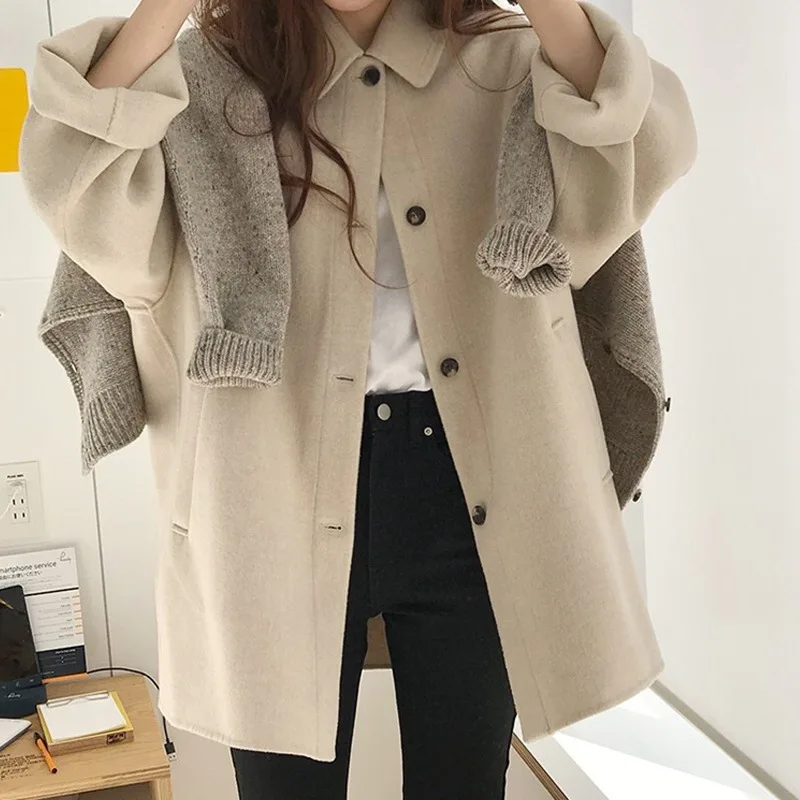 معطف صوف للنساء سترات صوفية واحدة الصدر بياقة مقلوبة معطف عتيق للمكتب ملابس خارجية للسيدات لخريف وشتاء 2025