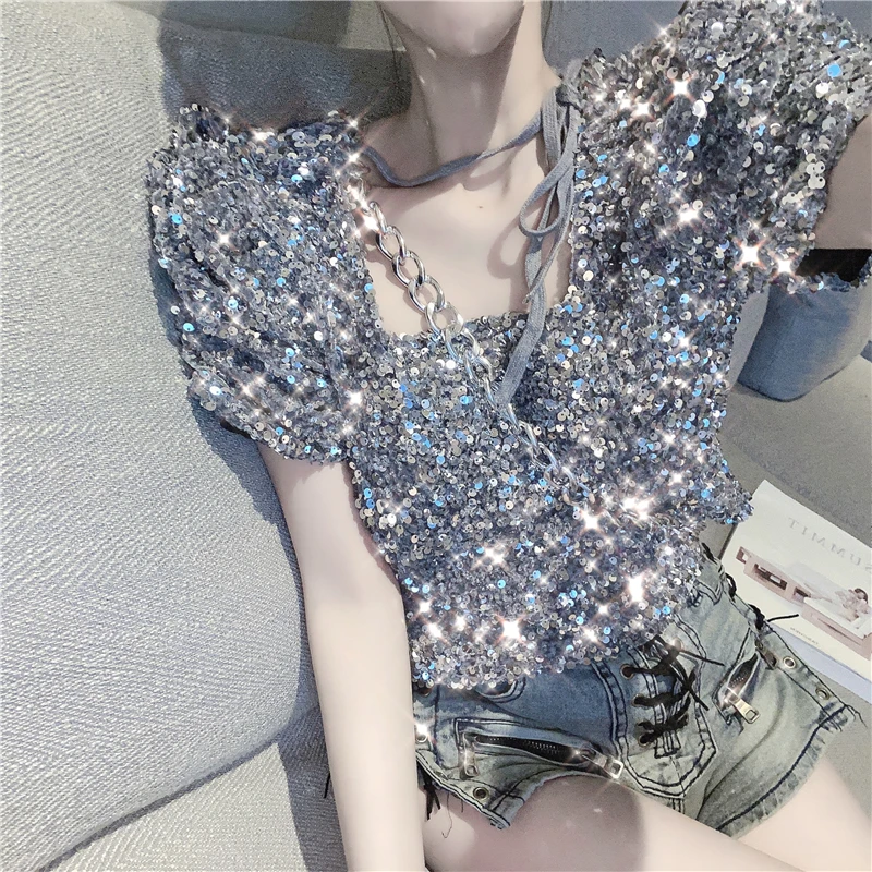 Club Full Sequined Silver Short Puff Sleeve Crop Top Sexy Square Collar Shiny T shirt Loose Sweet Korean Women Clothing Summer