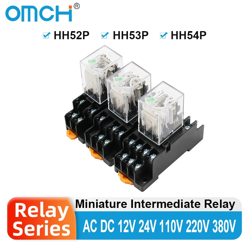 Omch my2nj pequeno relé eletromagnético bobina relé de potência hh52p hh53p my4nj ac dc 12v 24v 36v 110v 220v 380v com base de soquete
