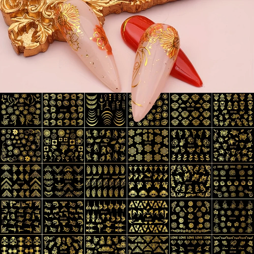 

30 листов наклеек для дизайна ногтей с золотыми цветочными рисунками — 3D наклейки с металлическими листьями и золотыми линиями, самоклеящиеся для стильного маникюра