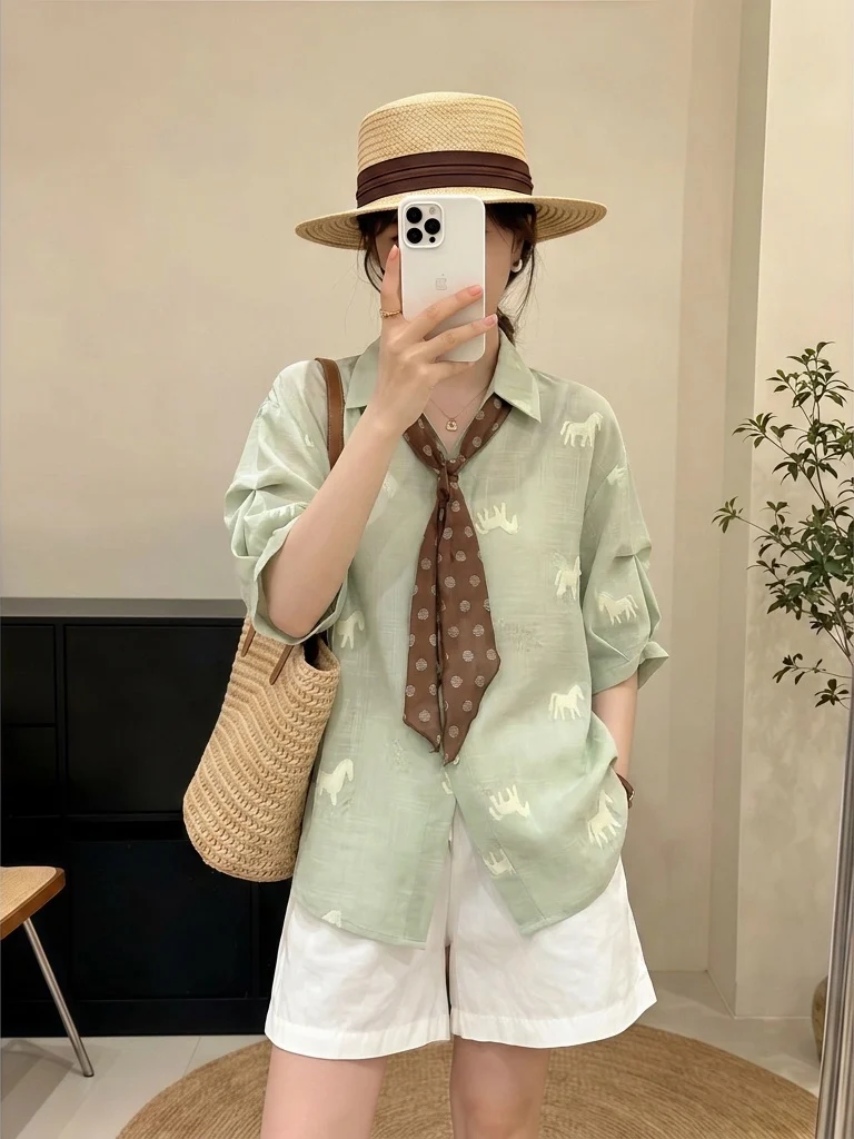 

Green Polka Dot Silk Scarf V-Neck Short Sleeve Shirt Women's Summer New plus Size Slimming Top Korean Style Loose Fit Commute