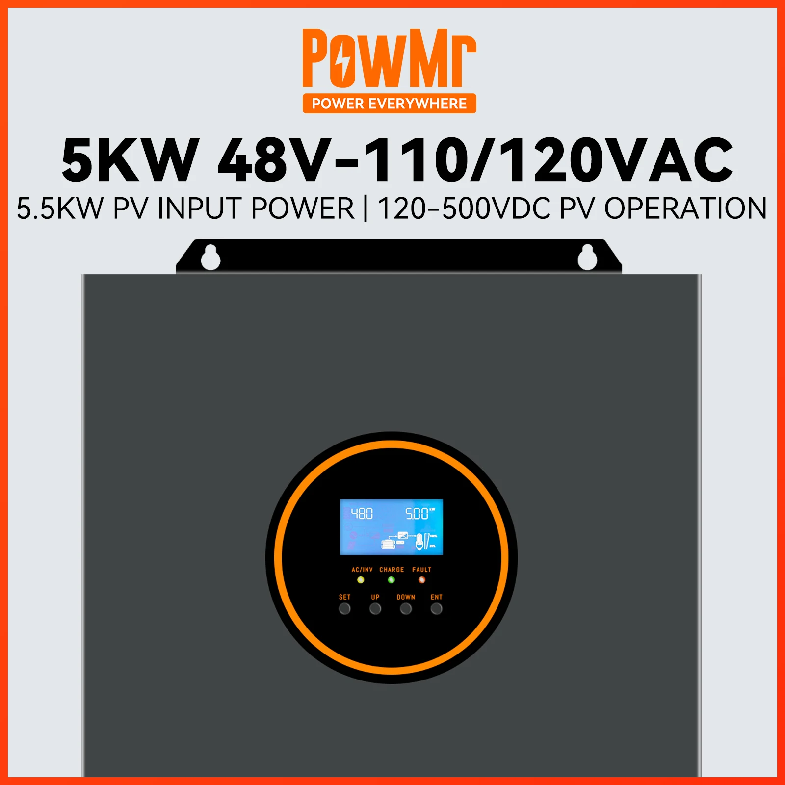 

PowMr 5KW 48V Hybrid Solar Inverter 110V 120V MPPT 80A 120V-500Vdc Off Grid Pure Sine Wave Inverter Max PV Input Power 5.5KW