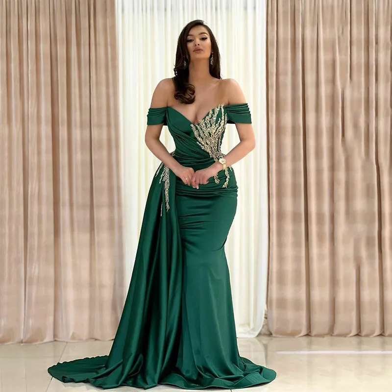 

Green Prom Dresses Mermaid Satin Off The Shoulder Gold Appliques Evening Formal Party Gowns 2022 Vestidos De Fiesta