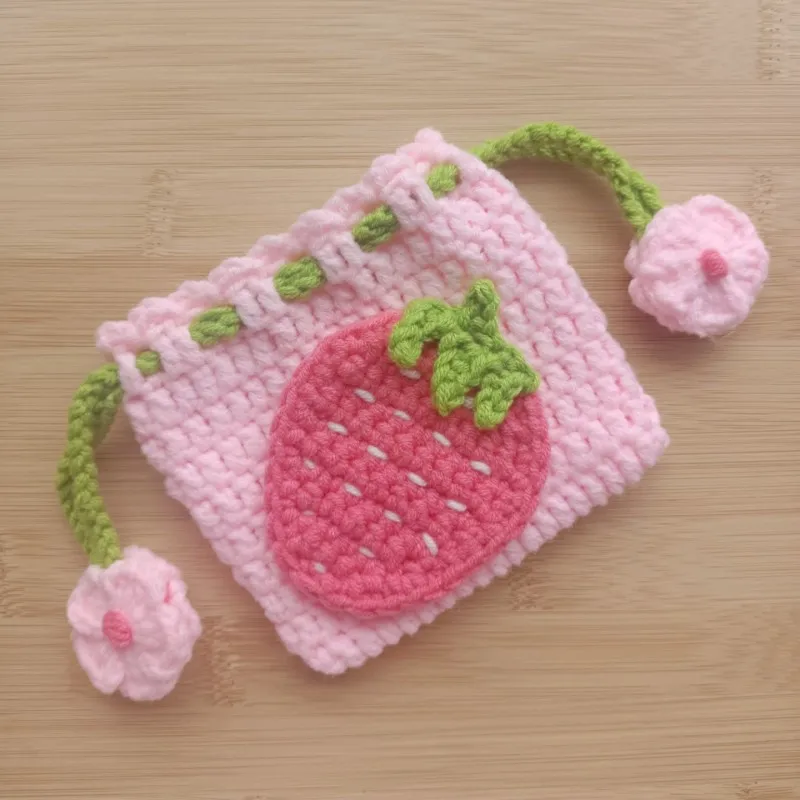 

Strawberry Women's Wallet Yarn Crochet Fruit Girl Coin Purse Handmade Drawstring Bags Card Holder Girlfriend Gift