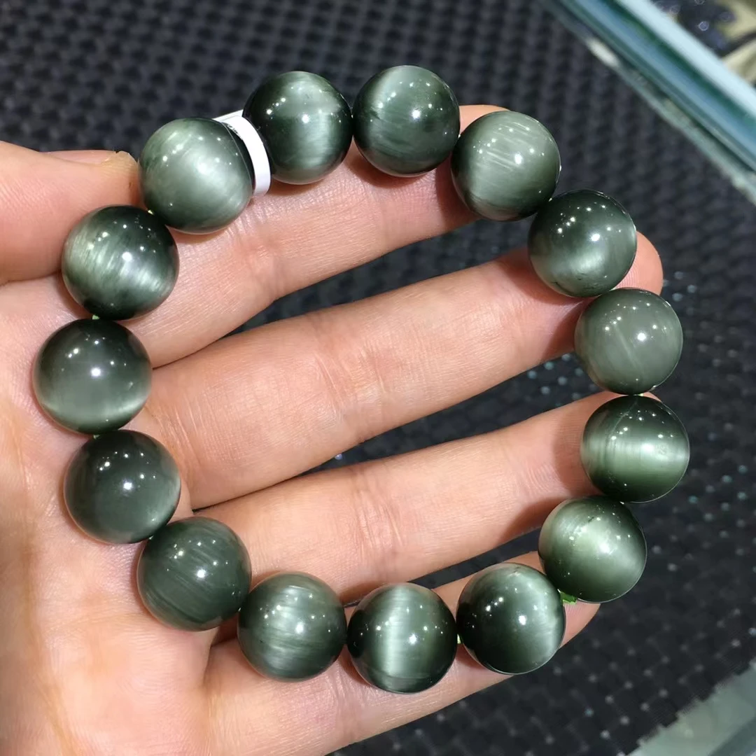 

Natural Green Rutilated Quartz Gemstone Bracelet 14mm Women Men Jewelry Cat Eye Stretch Crystal Round Beads AAAAA