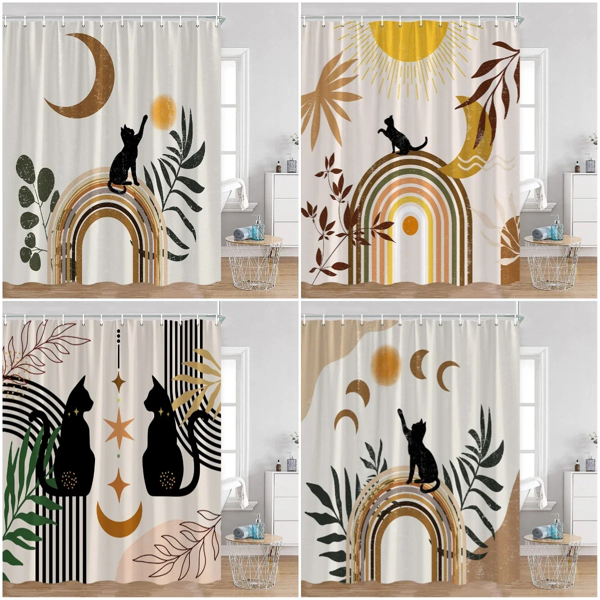 Mid Century Black Cat Shower Curtains Boho Sun Moon Vintage Mandala Bathroom Decorations Minimalist Bathtub Curtain with Hooks