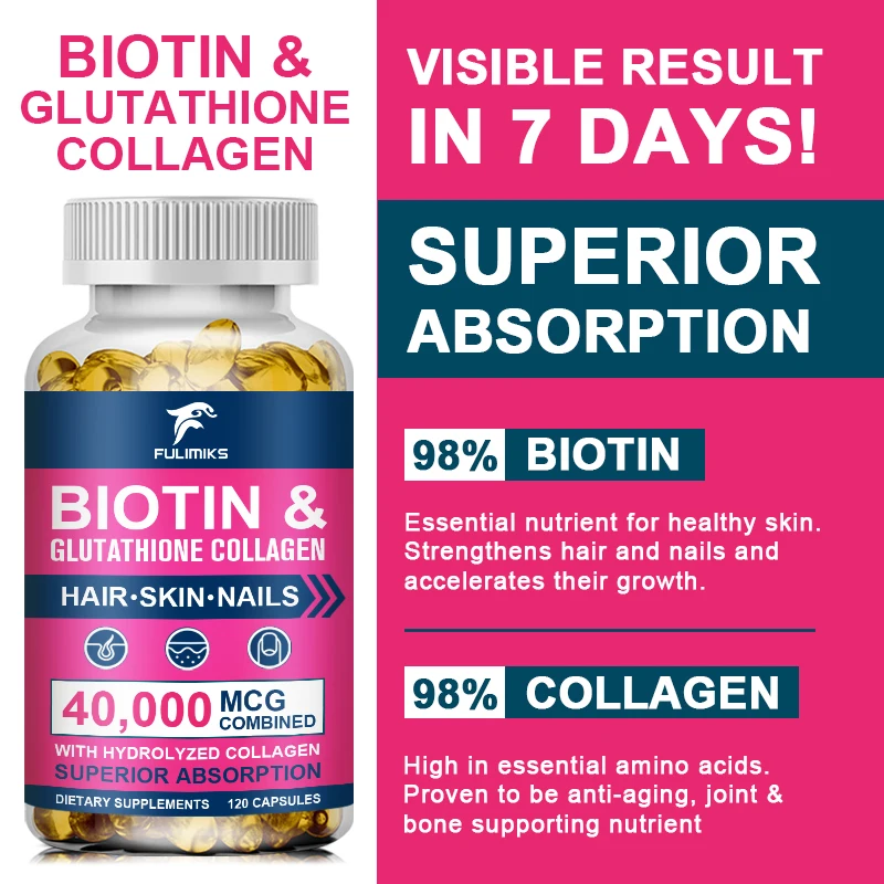 Biotin, Collagen, Glutathione, Hyaluronic Acid - Hair Growth, Skin & Nails Beauty Complex 40,000 mcg -For Women&Men, 60 Capsules