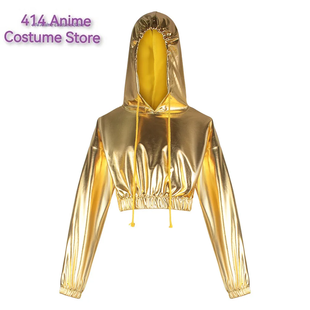 Sexy Cropped Holographic Hoodies Women Shiny PU Metallic Hoody Sweatshirt Pants Drawstring Pullovers Streetwear Cosplay Costume